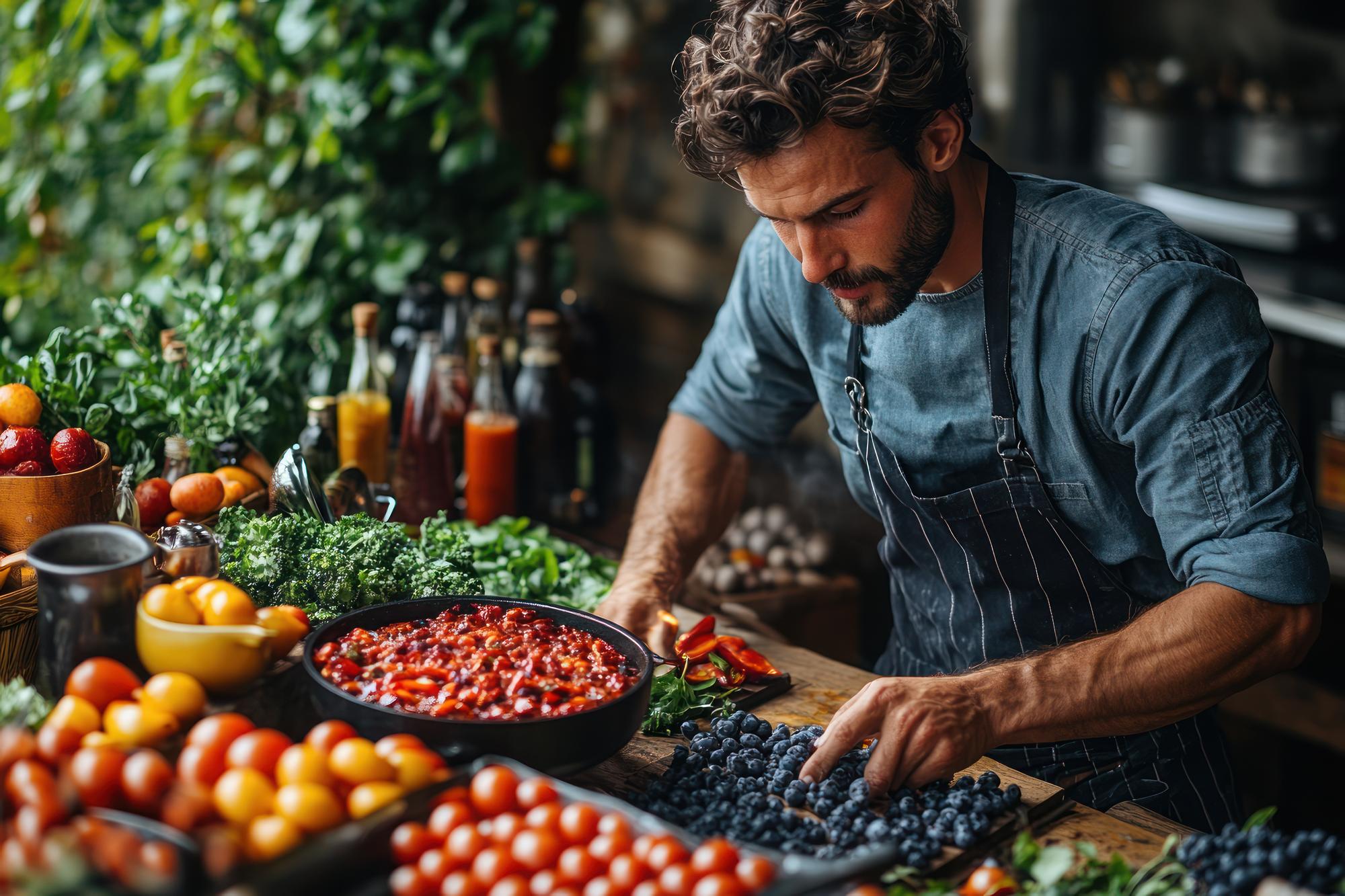 Local chef preparing seasonal ingredients on wooden table